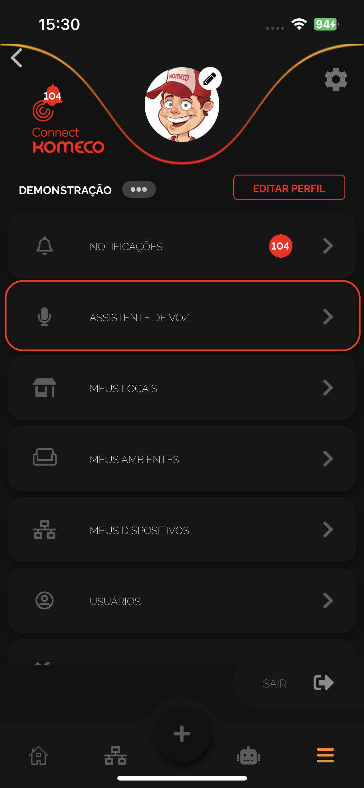 Tela de menu contendo os assistentes de voz