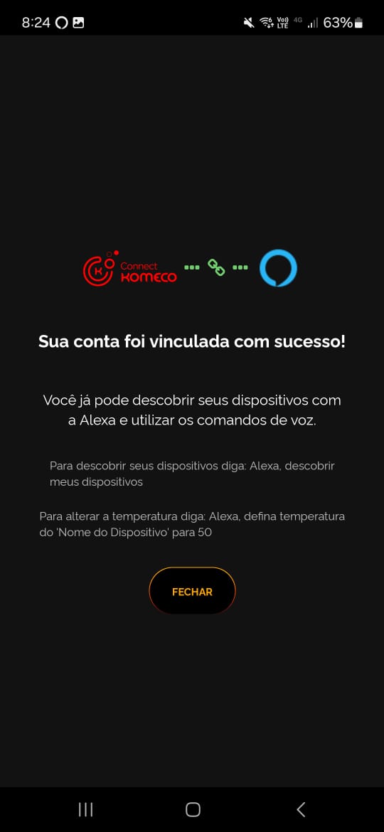 Tela final de sucesso da vinculação com a Alexa