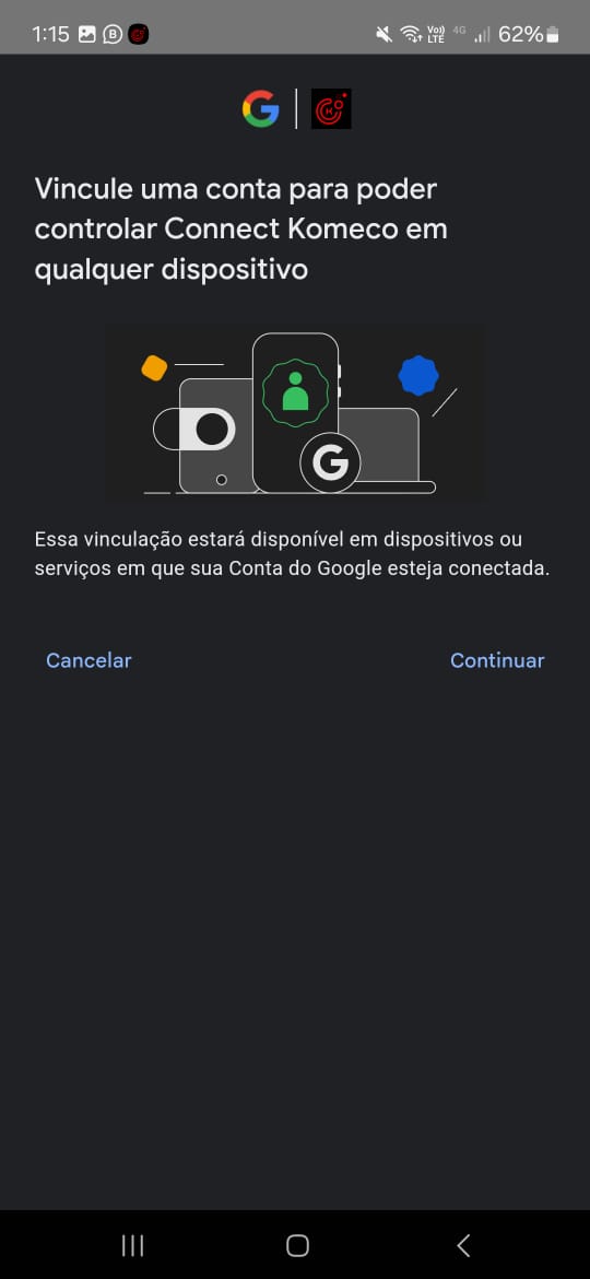 Tela para vinculação da conta junto a Google