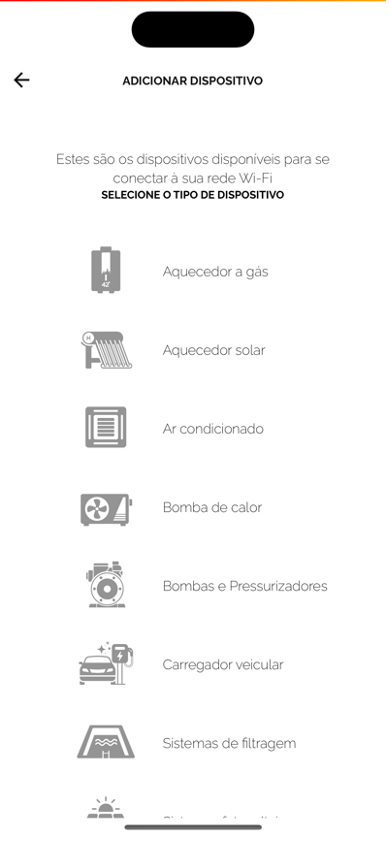 Tela com a lista de tipos de dispositivos disponíveis