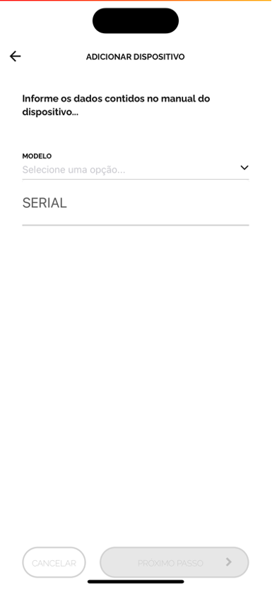 Tela de inserção de modelo e serial