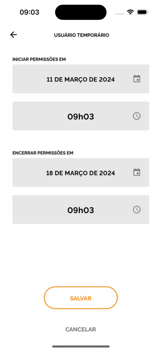 Tela para ajuste de período e tempo dos usuários convidados